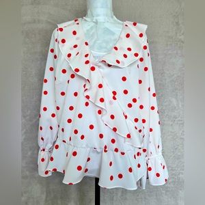 Eloquii White/Red Polka Dot V Neck Ruffle Long Sleeved Blouse Sz 18